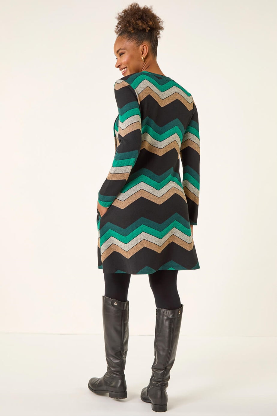 Roman Green Zig Zag Side Button Dress