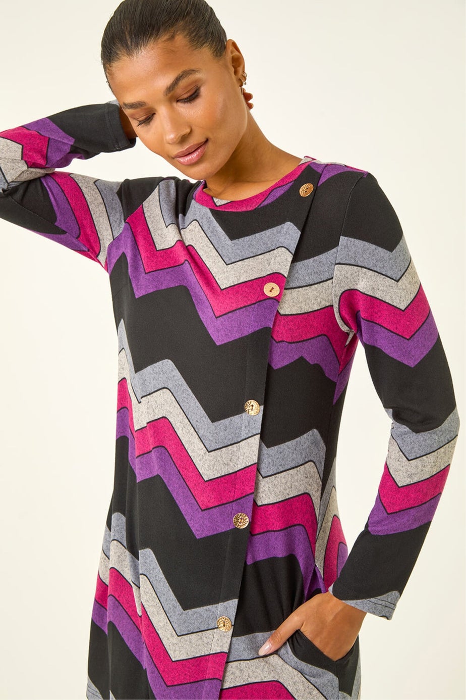 Roman Purple Zig Zag Side Button Dress