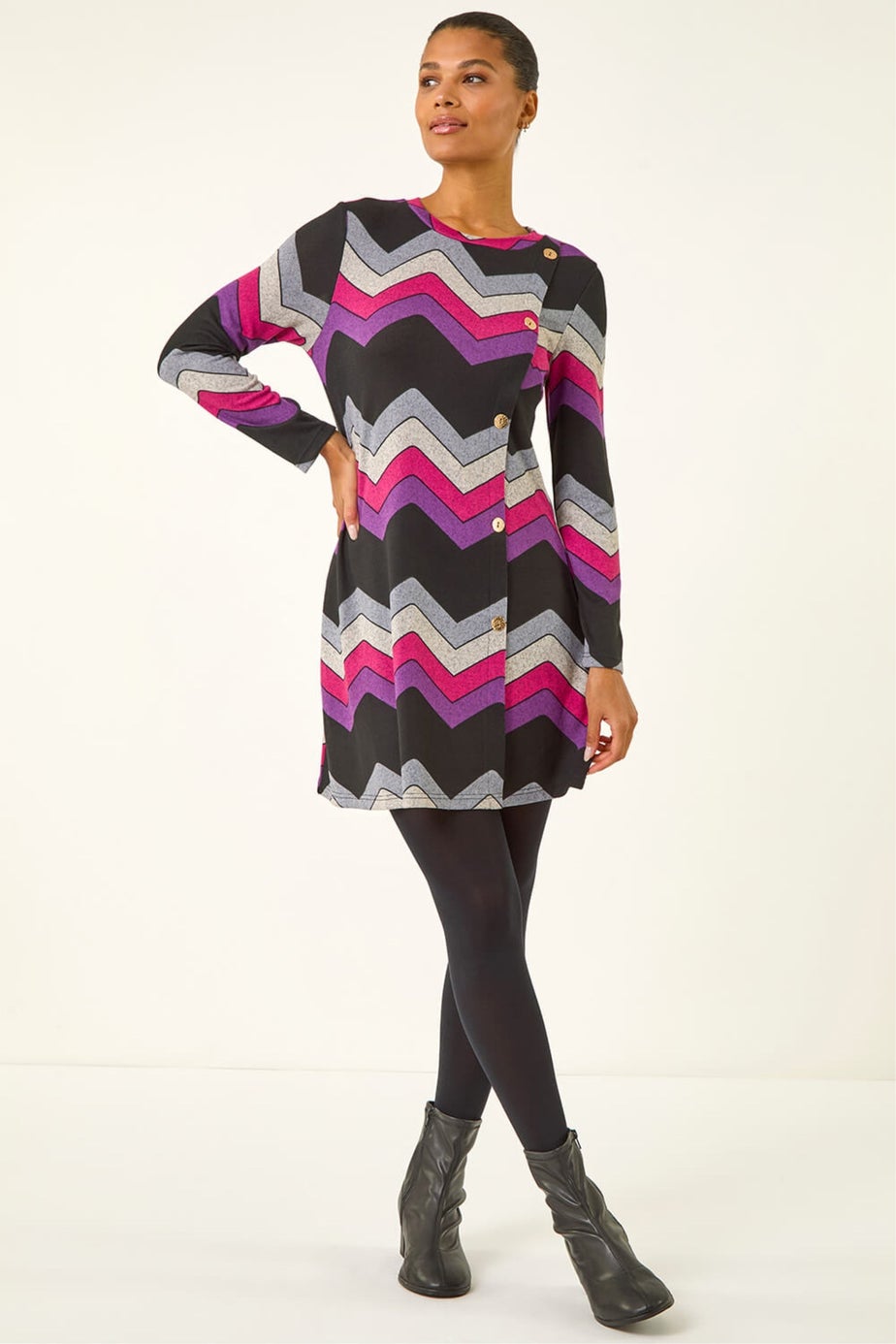 Roman Purple Zig Zag Side Button Dress