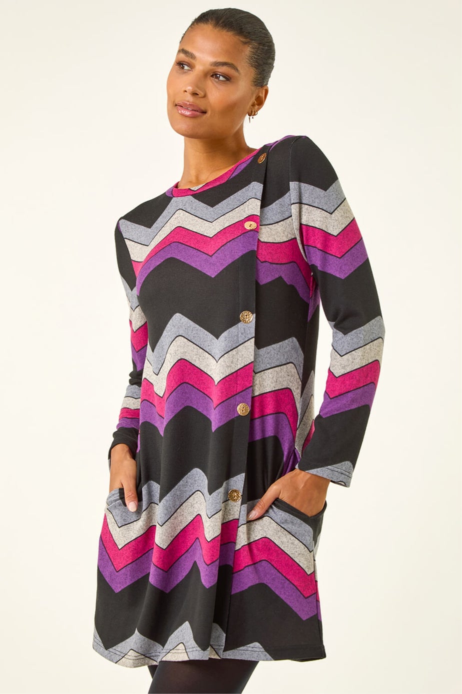 Roman Purple Zig Zag Side Button Dress