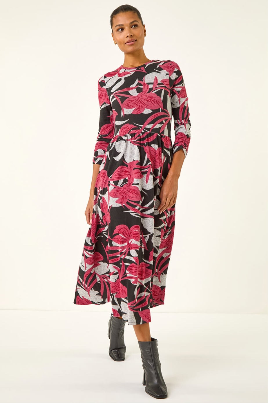 Roman Grey Floral Print Pocket Midi Dress