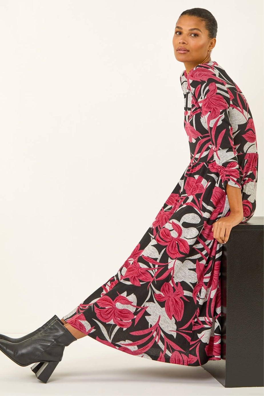 Roman Grey Floral Print Pocket Midi Dress