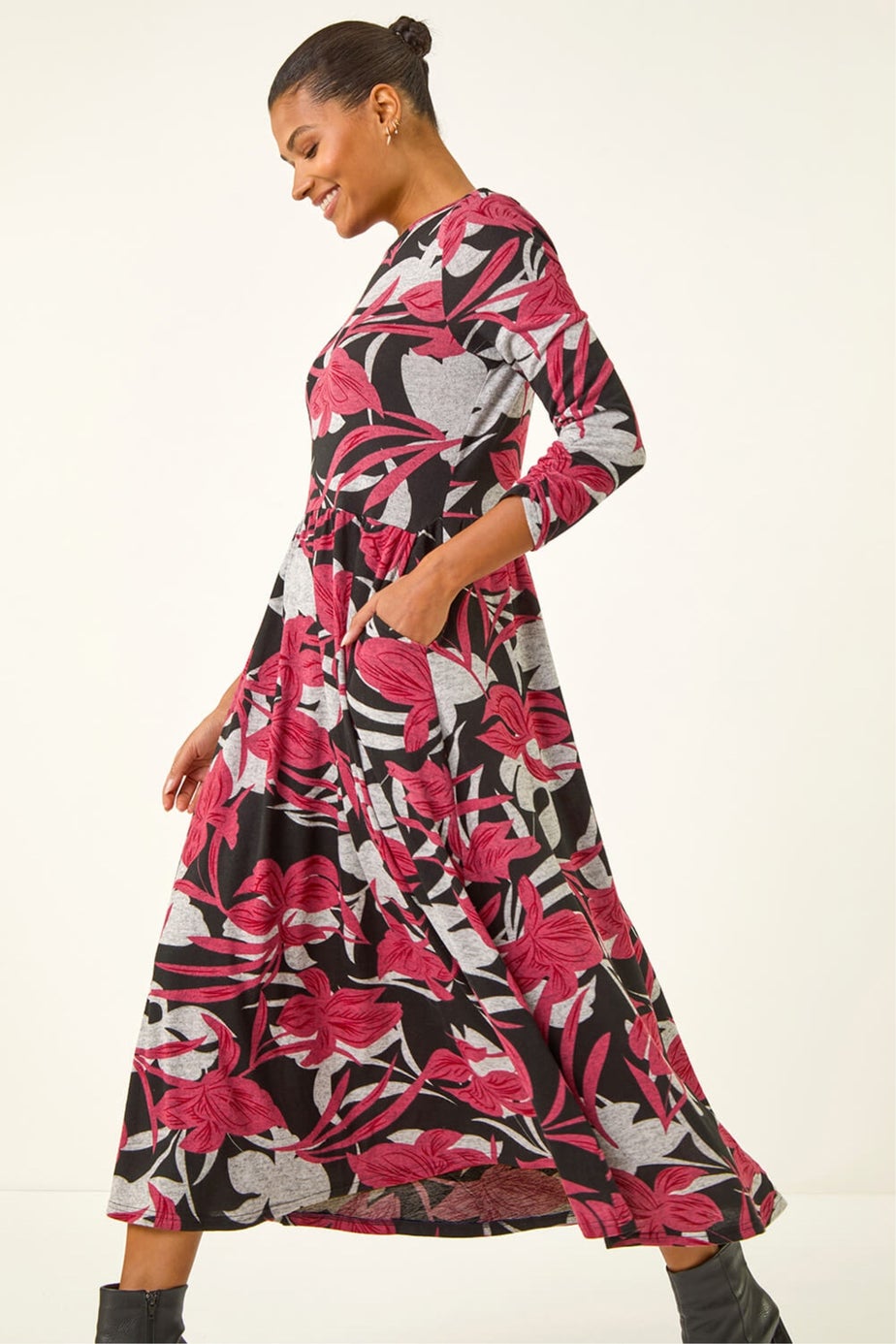 Roman Grey Floral Print Pocket Midi Dress