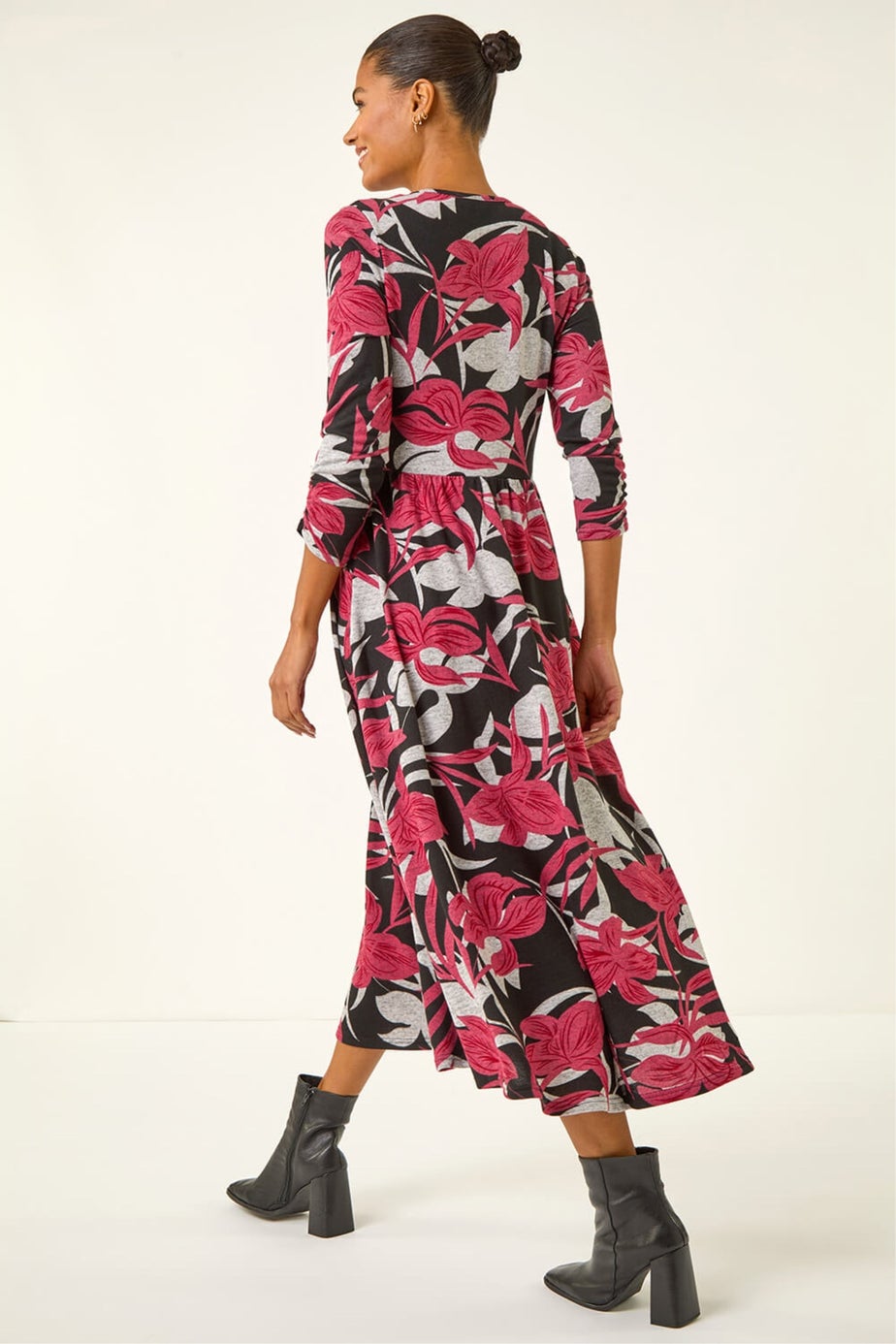 Roman Grey Floral Print Pocket Midi Dress