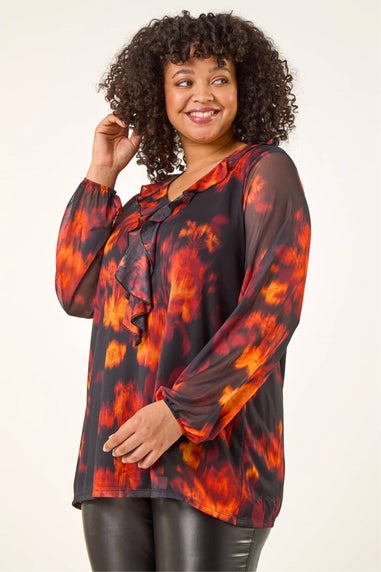 Roman Orange Curve Ruffle Mesh Tunic Top