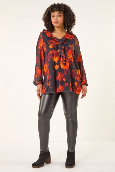 Roman Orange Curve Ruffle Mesh Tunic Top