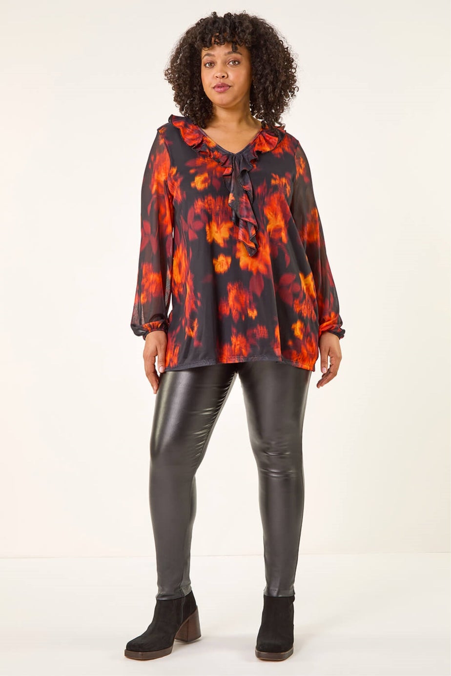 Roman Orange Curve Ruffle Mesh Tunic Top