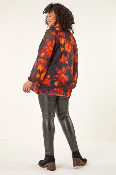 Roman Orange Curve Ruffle Mesh Tunic Top