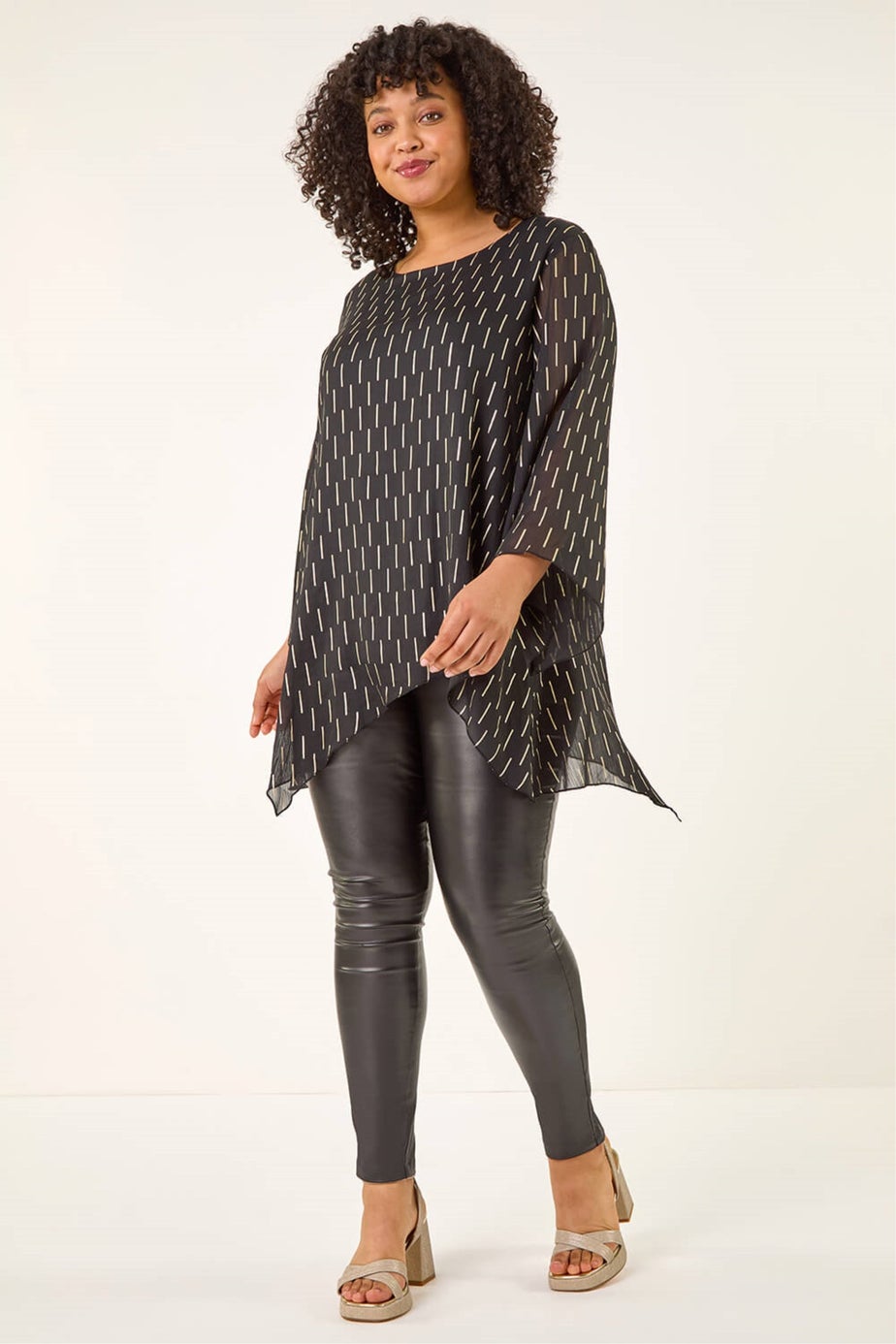 Roman Black Curve Chiffon Overlay Foil Top