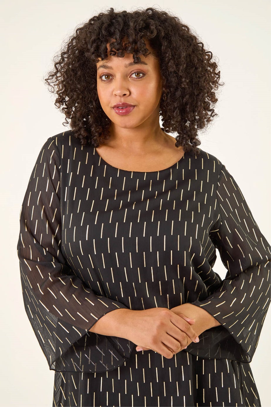 Roman Black Curve Chiffon Overlay Foil Top