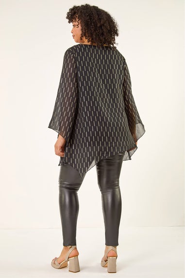 Roman Black Curve Chiffon Overlay Foil Top