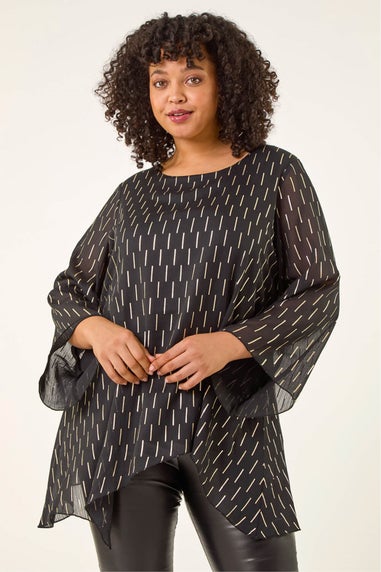 Roman Black Curve Chiffon Overlay Foil Top