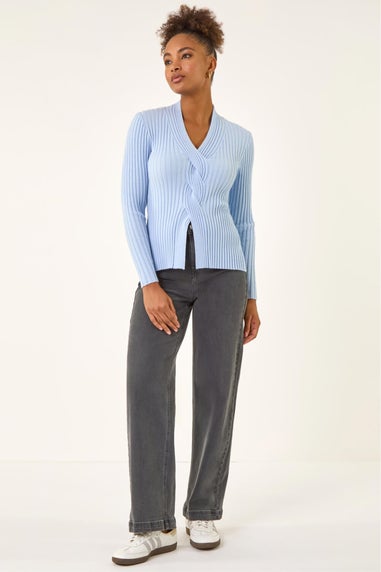 Roman Light Blue Cable Split Detail Rib Jumper
