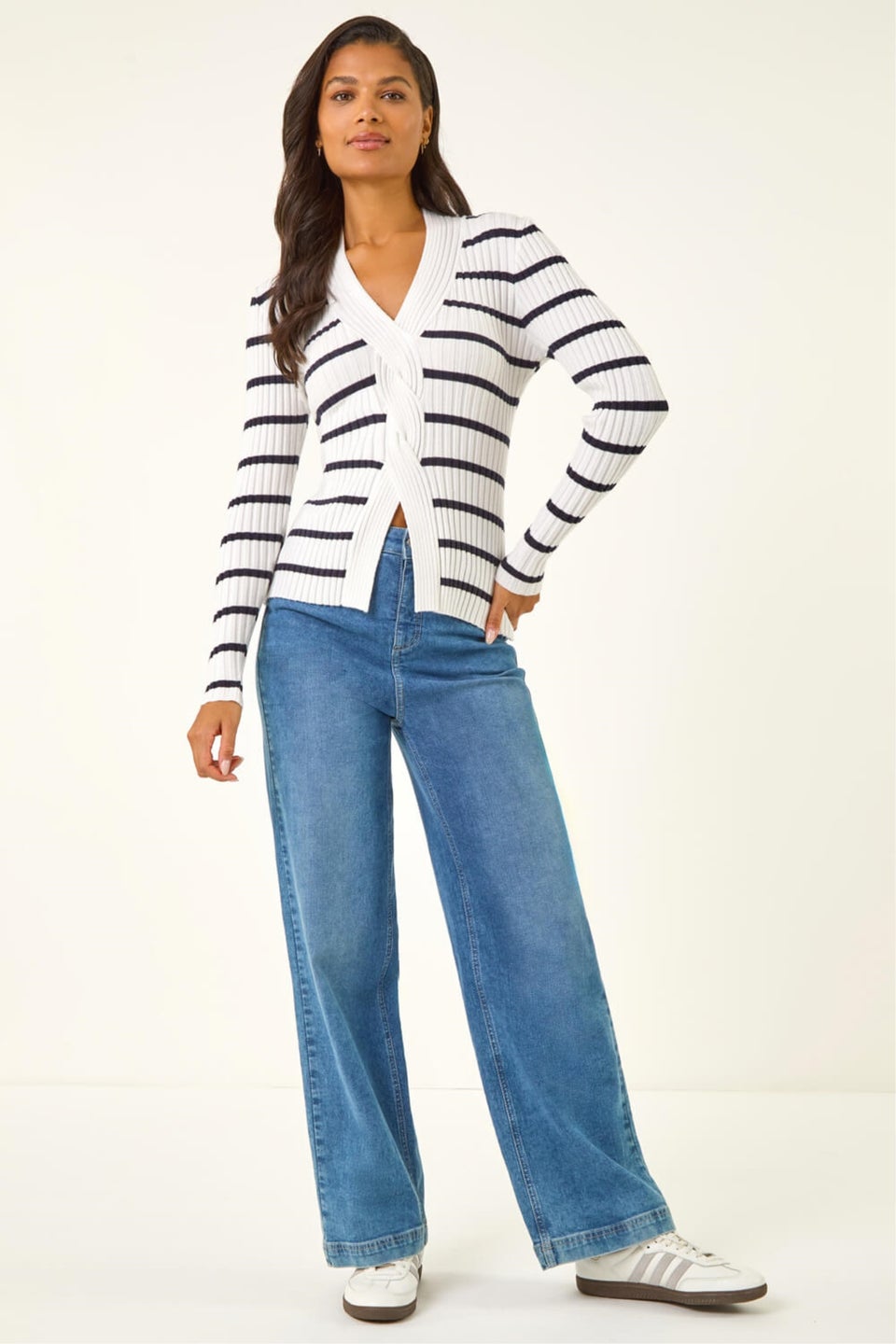 Roman White Cable Split Detail Rib Jumper