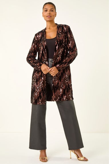 Roman Chocolate Sequin Velvet Longline Jacket