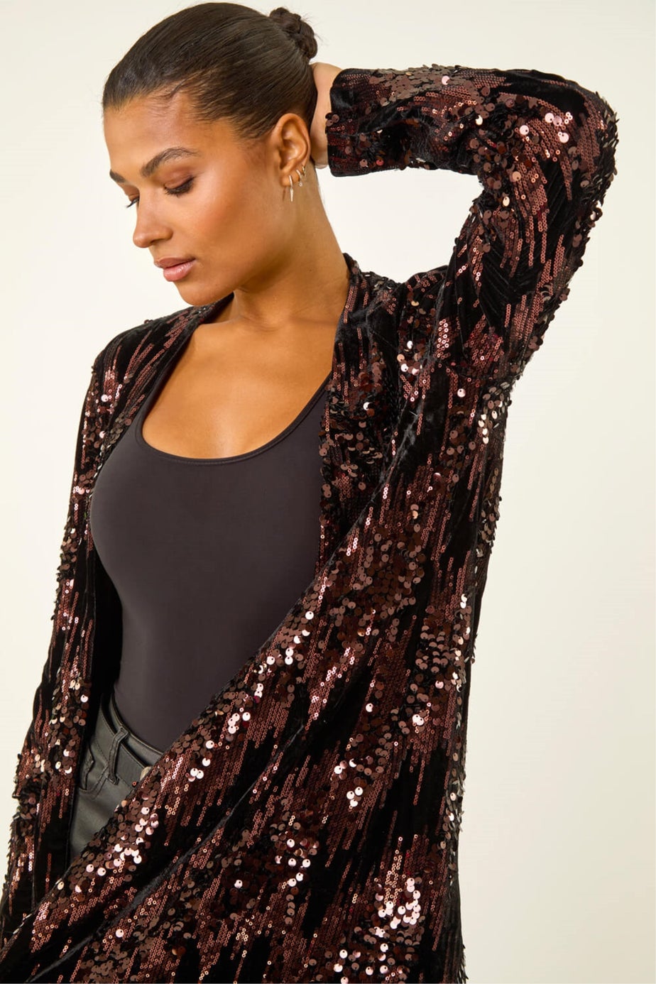 Roman Chocolate Sequin Velvet Longline Jacket