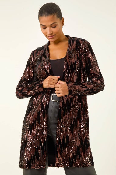 Roman Chocolate Sequin Velvet Longline Jacket