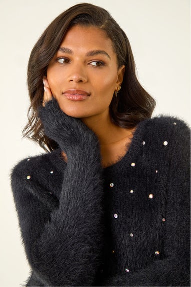 Roman Black Embellished Fluffy Knit Jumper