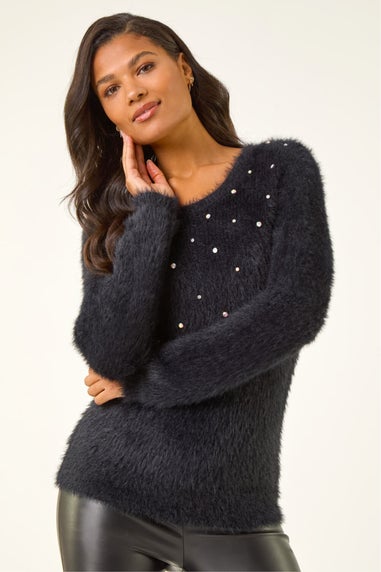 Roman Black Embellished Fluffy Knit Jumper