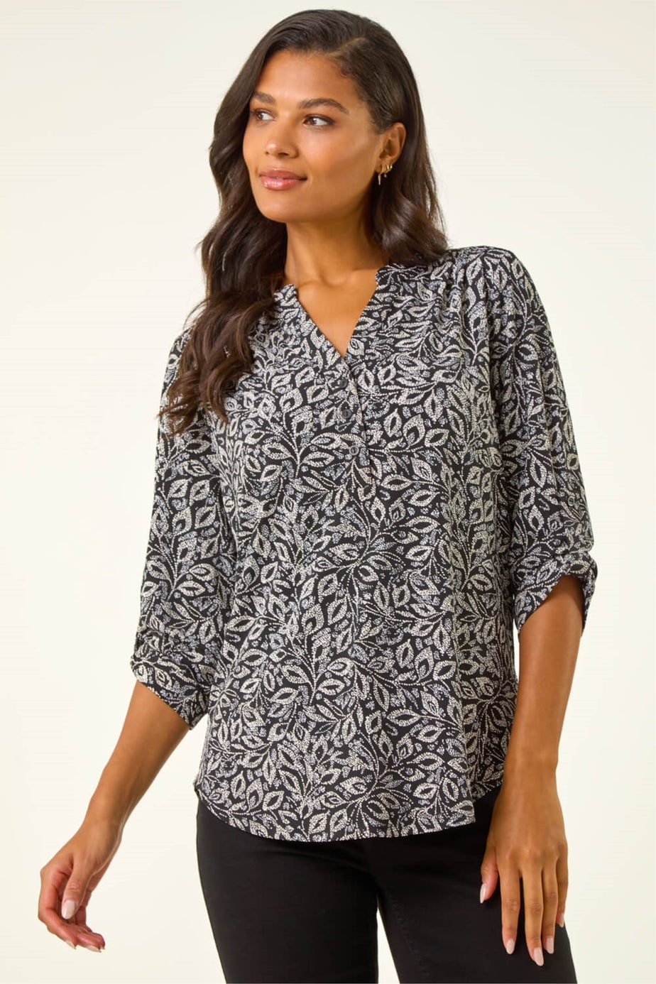 Roman Black Leaf Print V-Neck Stretch Top