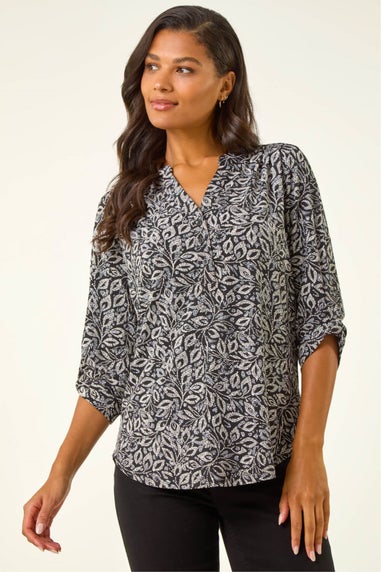 Roman Black Leaf Print V-Neck Stretch Top