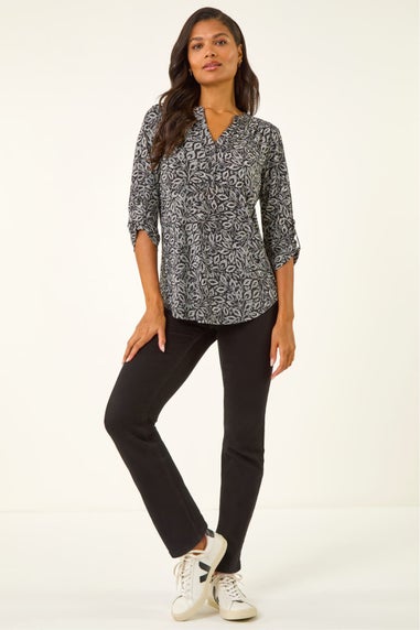 Roman Black Leaf Print V-Neck Stretch Top