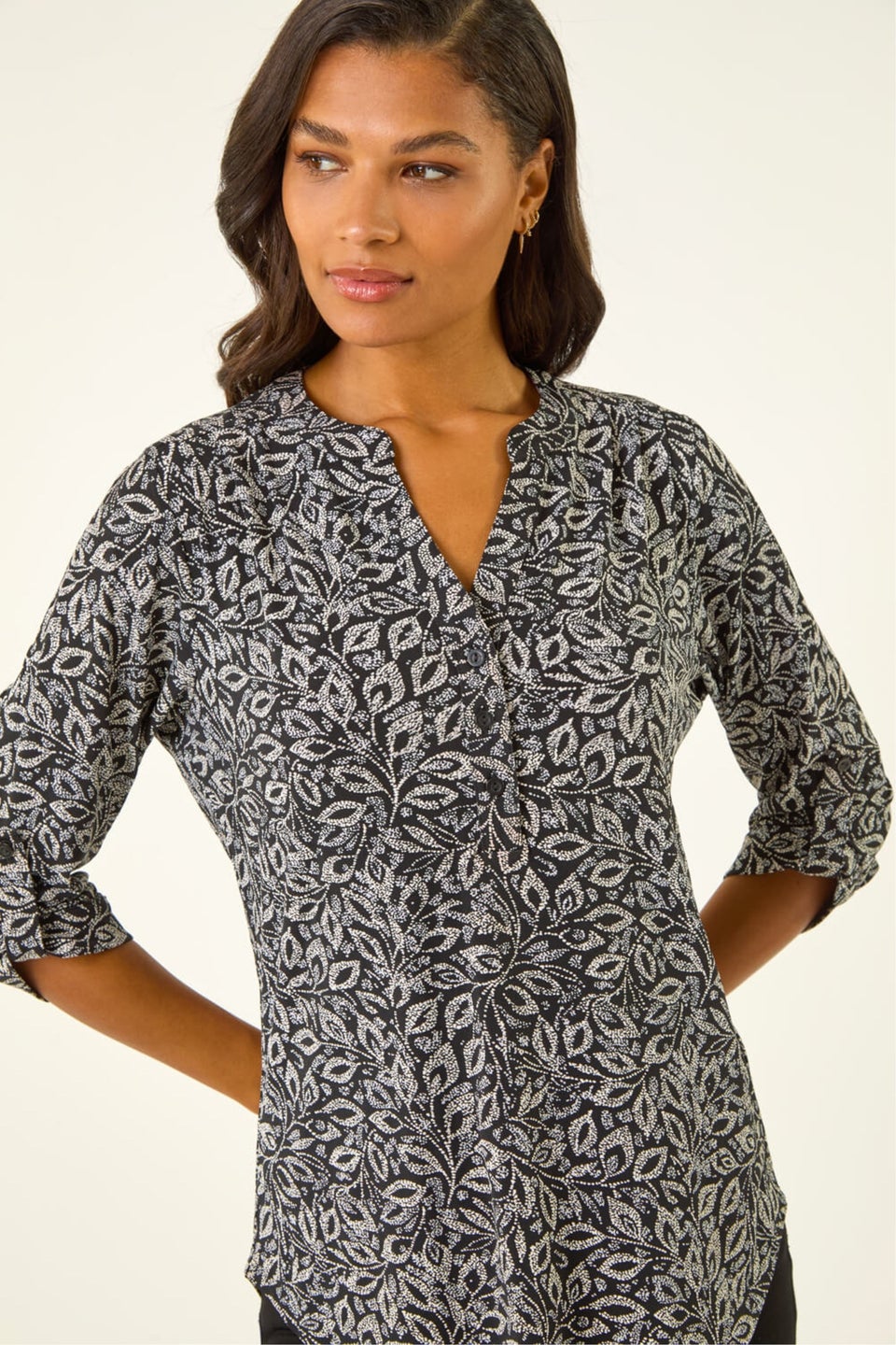 Roman Black Leaf Print V-Neck Stretch Top