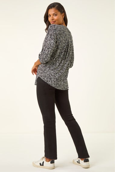 Roman Black Leaf Print V-Neck Stretch Top