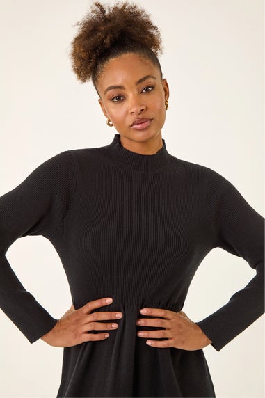 Roman Black Ribbed Knit High Neck Midi Dress