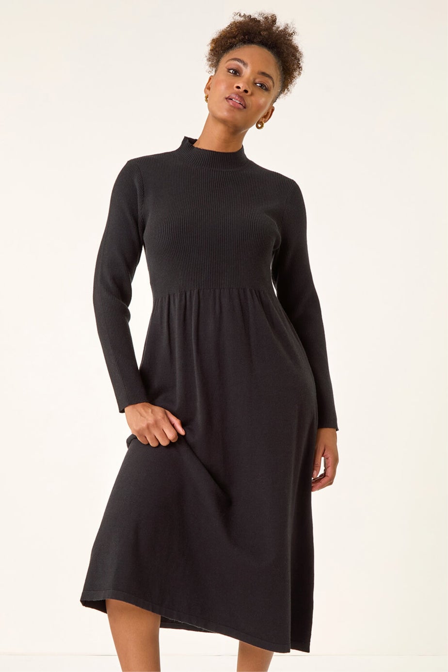 Roman Black Ribbed Knit High Neck Midi Dress