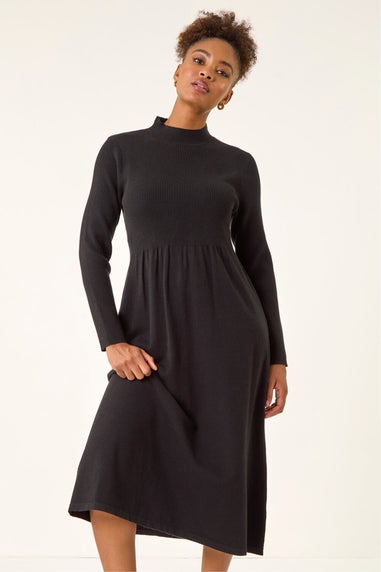 Roman Black Ribbed Knit High Neck Midi Dress