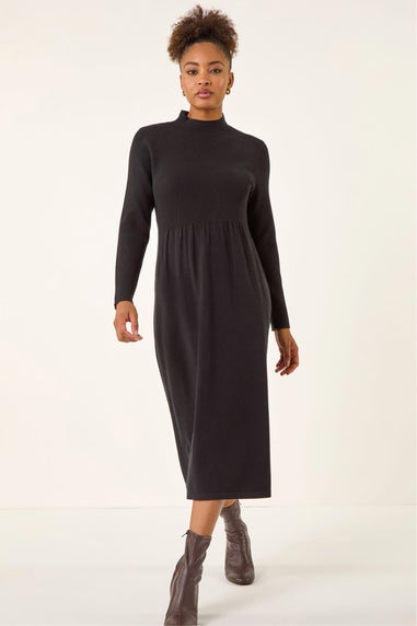 Roman Black Ribbed Knit High Neck Midi Dress