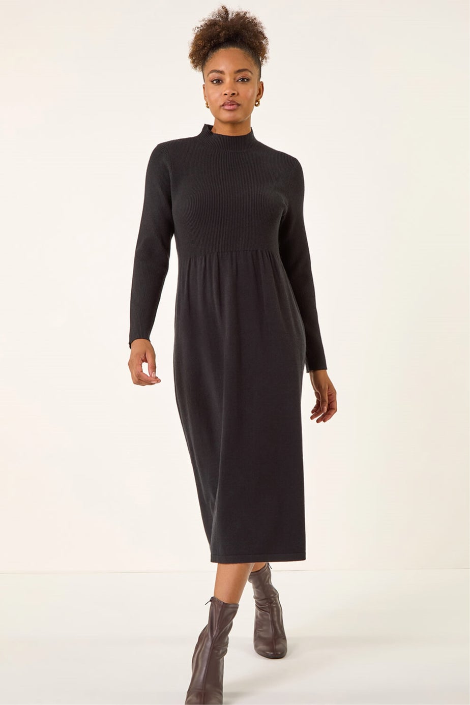 Roman Black Ribbed Knit High Neck Midi Dress