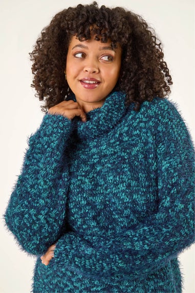 Roman Teal Curve Fluffy Roll Neck Knit Jumper