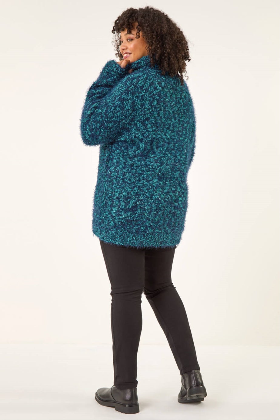Roman Teal Curve Fluffy Roll Neck Knit Jumper