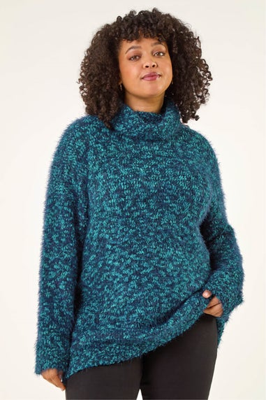 Roman Teal Curve Fluffy Roll Neck Knit Jumper