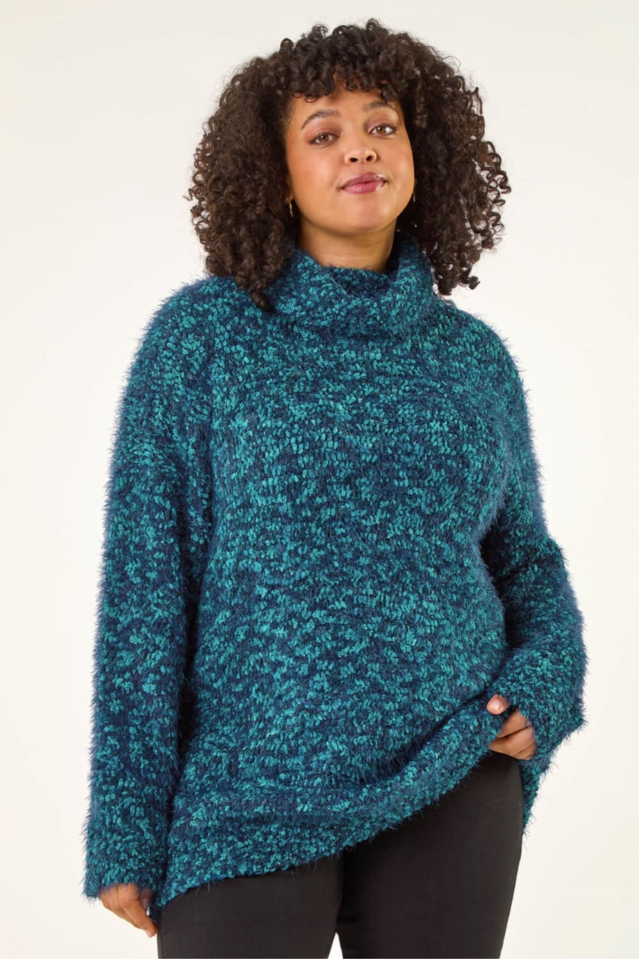 Roman Teal Curve Fluffy Roll Neck Knit Jumper