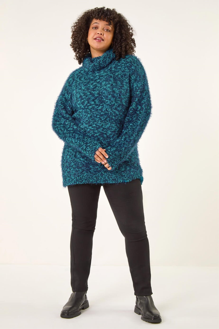 Roman Teal Curve Fluffy Roll Neck Knit Jumper