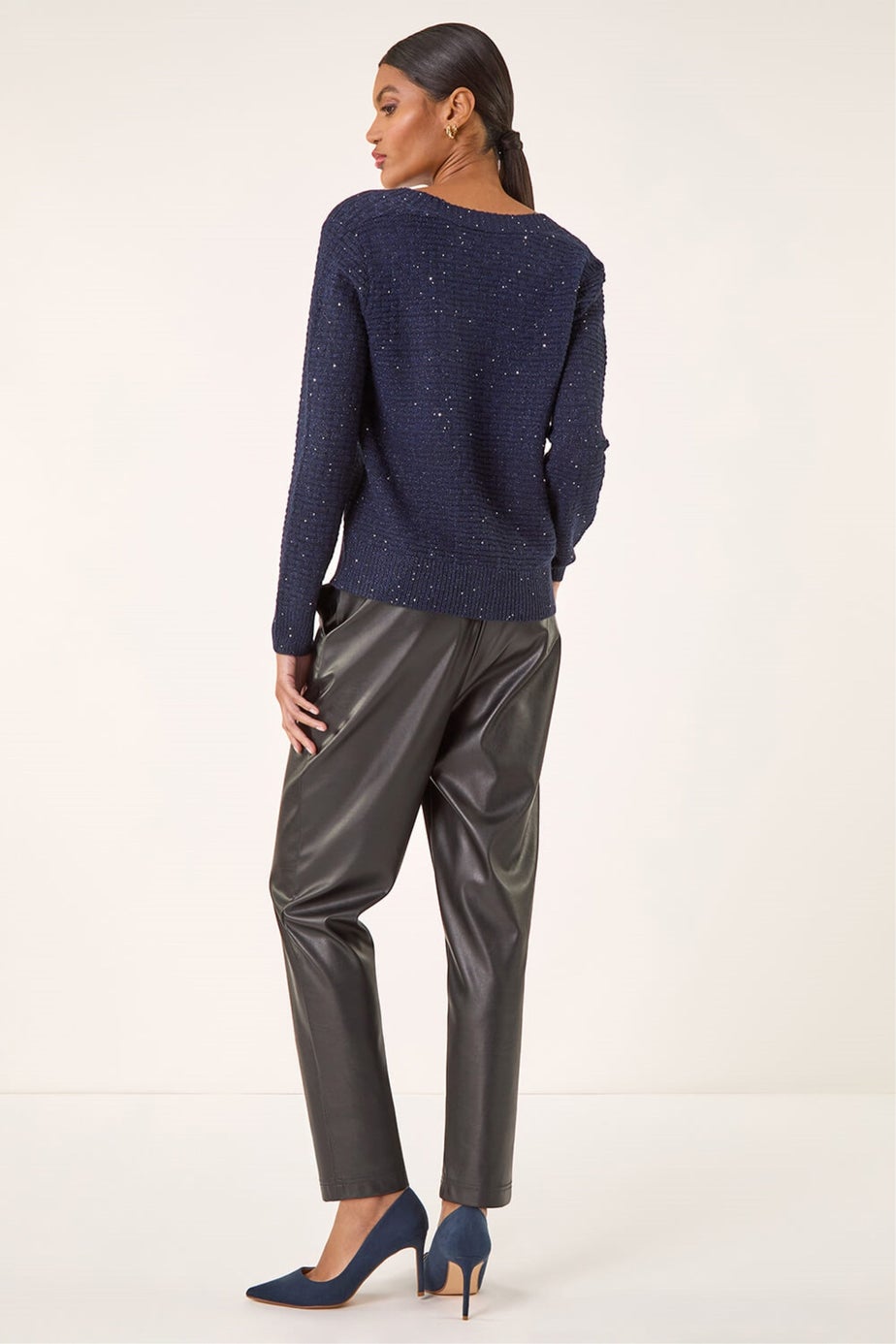 Roman Navy Bow Embellished Sequin Knit Cardigan