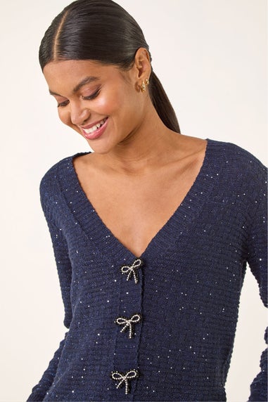 Roman Navy Bow Embellished Sequin Knit Cardigan