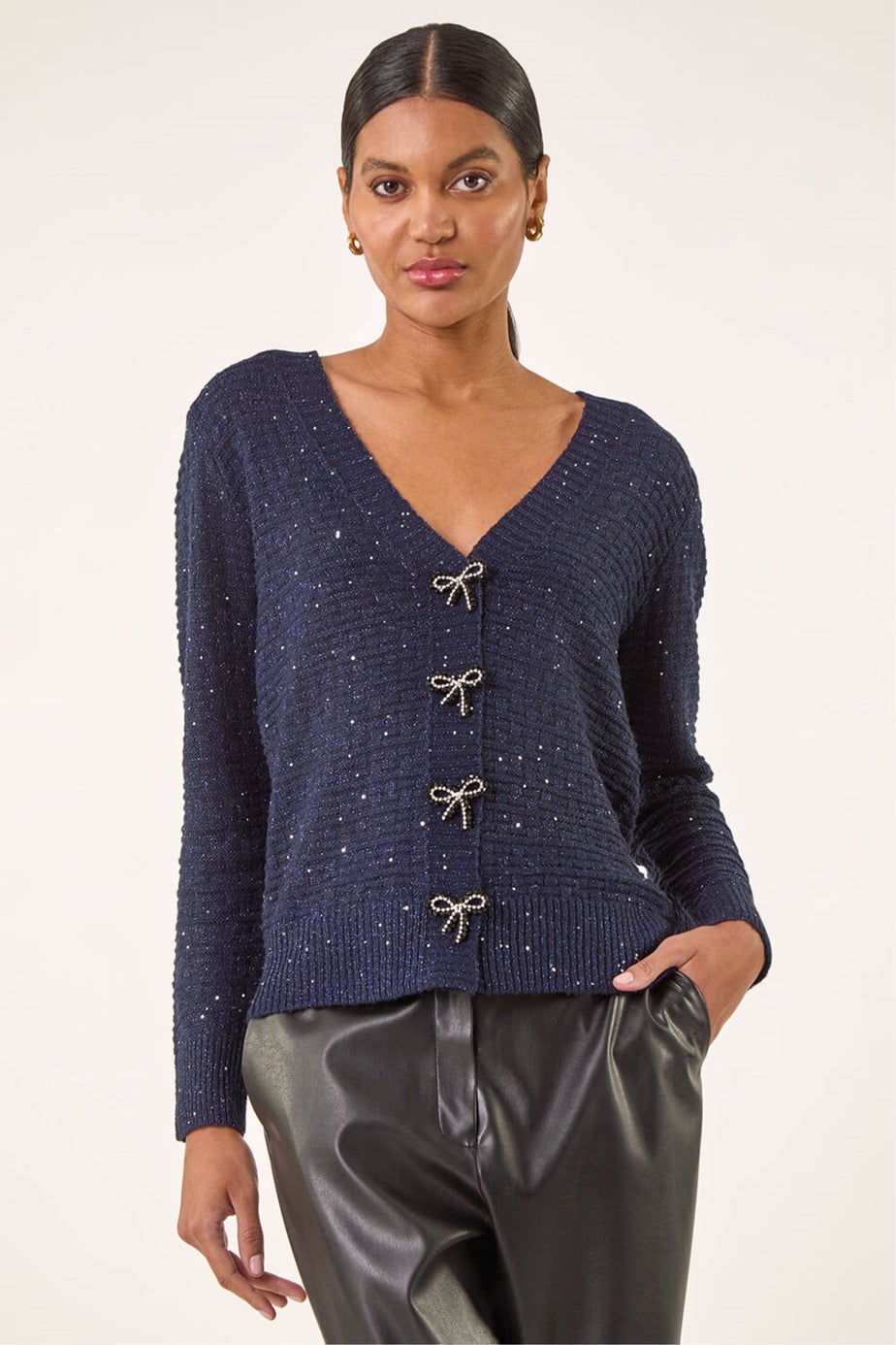 Roman Navy Bow Embellished Sequin Knit Cardigan