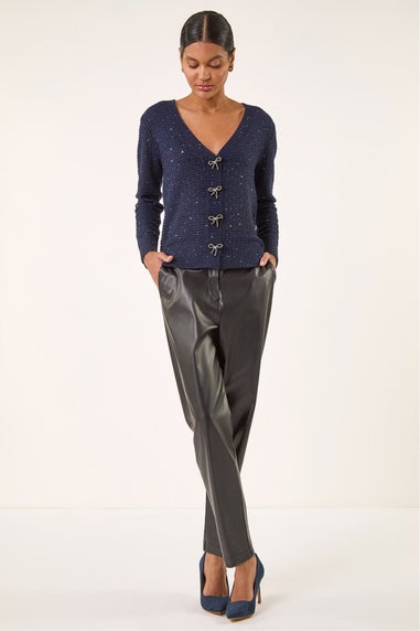 Roman Navy Bow Embellished Sequin Knit Cardigan