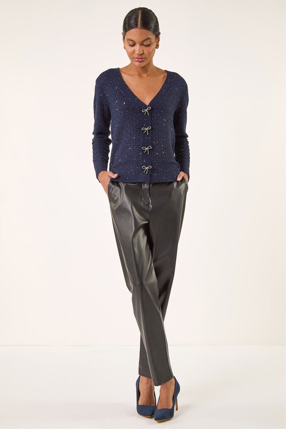 Roman Navy Bow Embellished Sequin Knit Cardigan