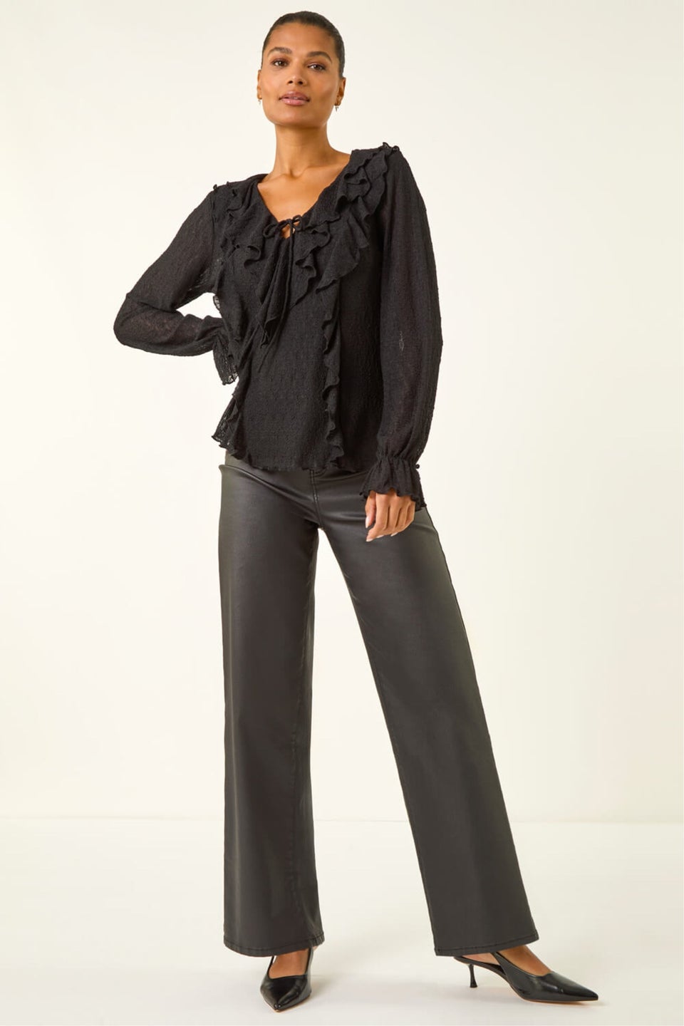 Roman Black Lace Ruffle Front Top