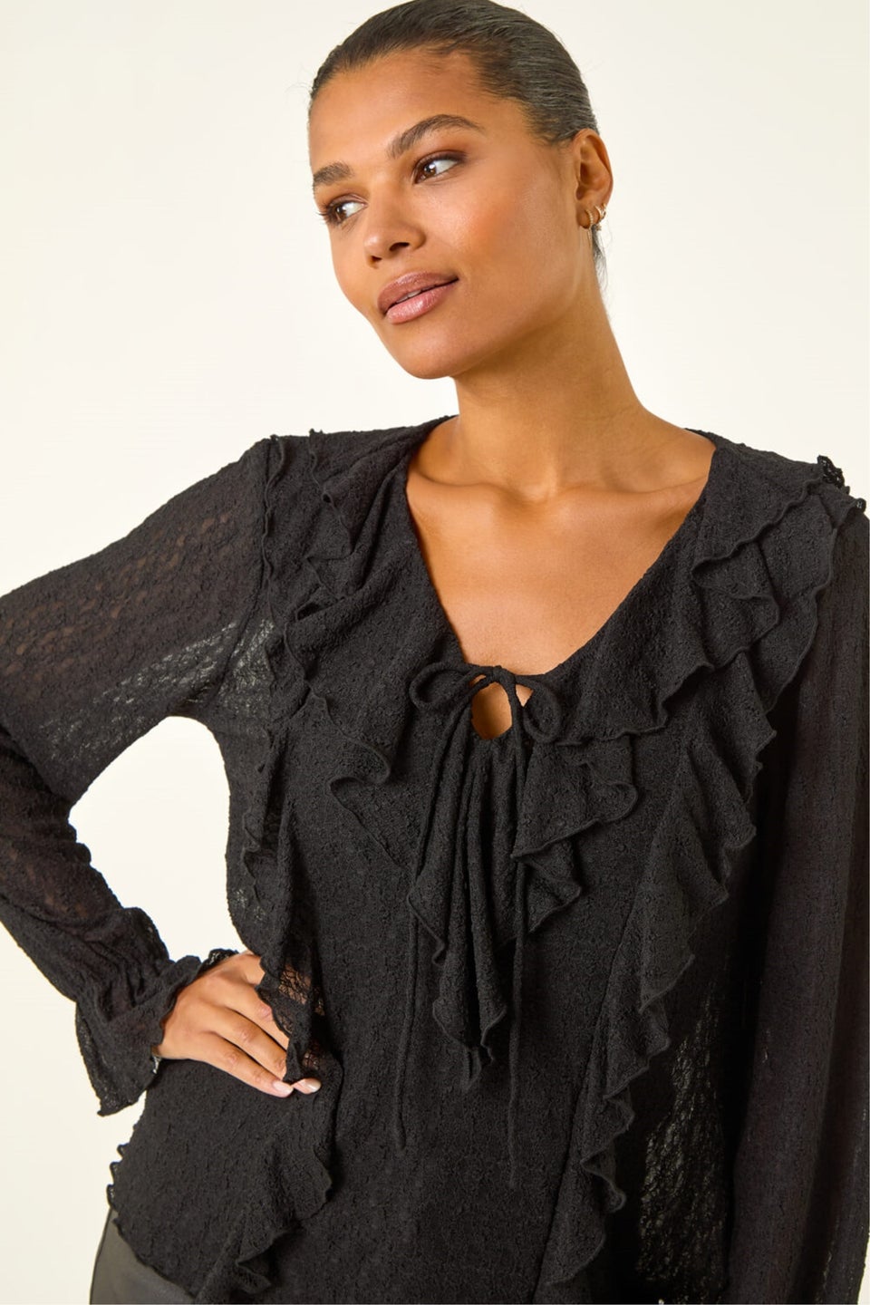 Roman Black Lace Ruffle Front Top