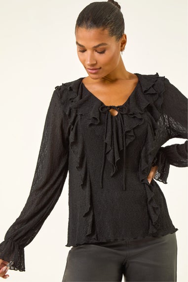 Roman Black Lace Ruffle Front Top