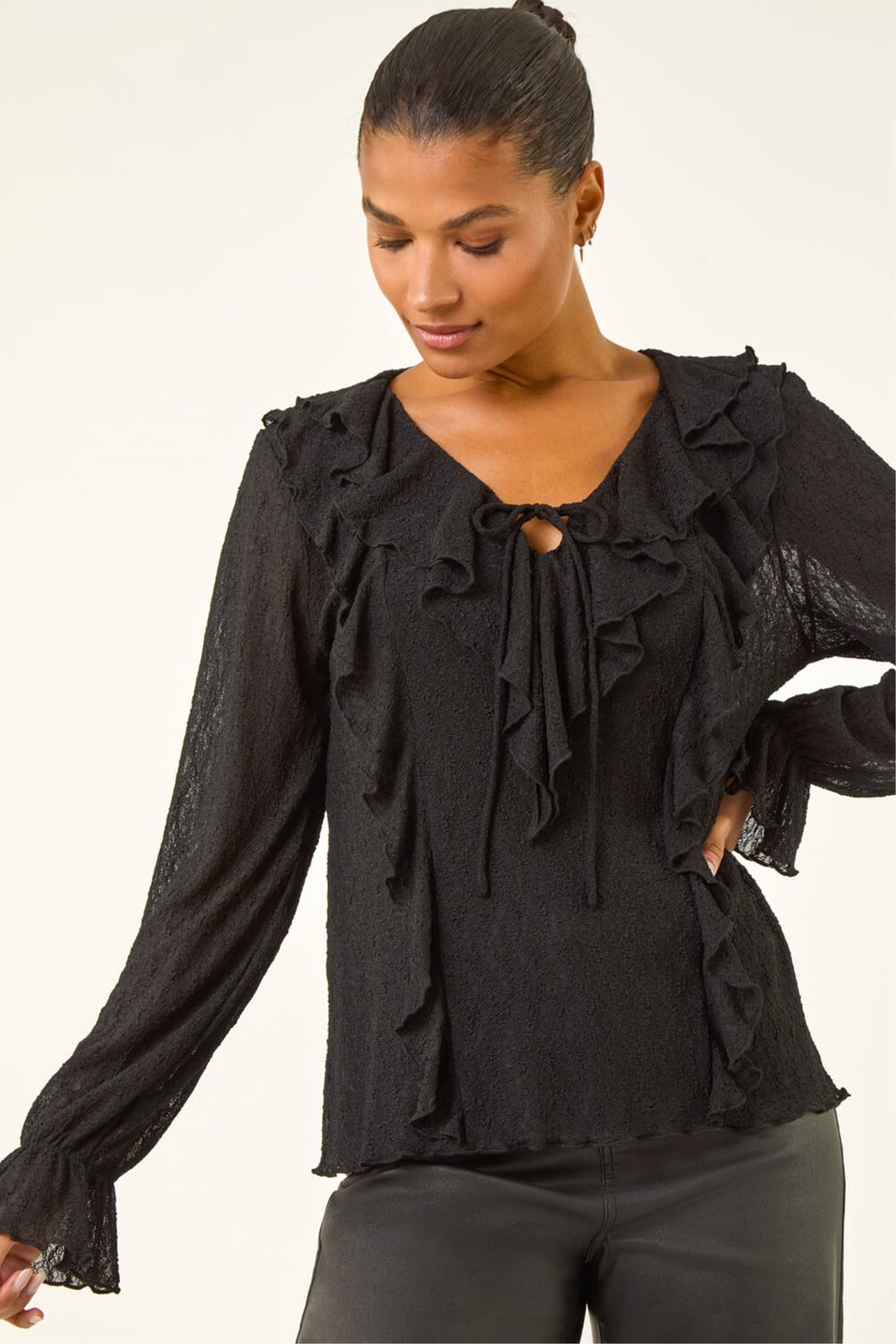Roman Black Lace Ruffle Front Top