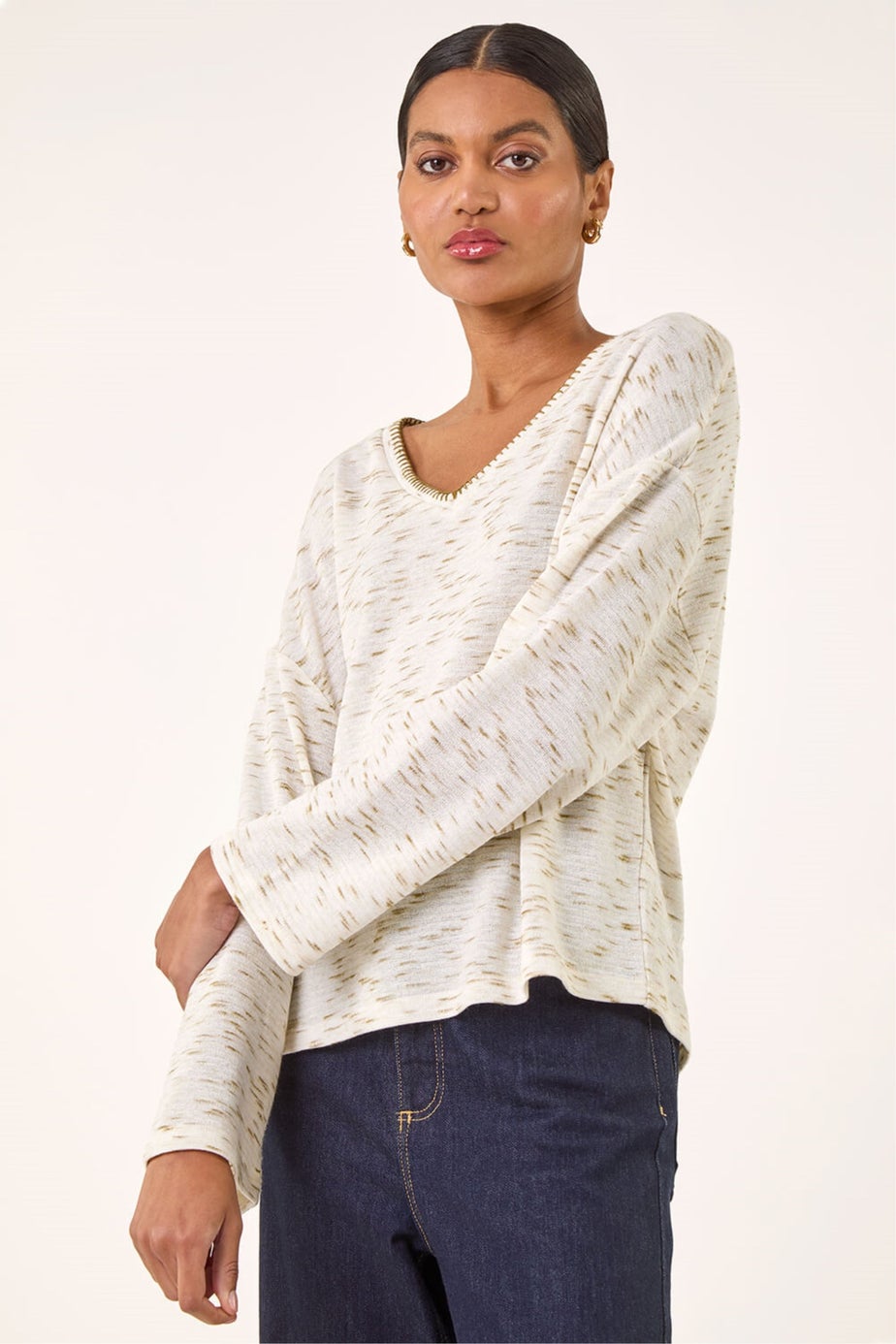 Roman Green Contrast Stitch V-Neck Top