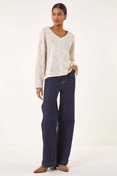 Roman Green Contrast Stitch V-Neck Top