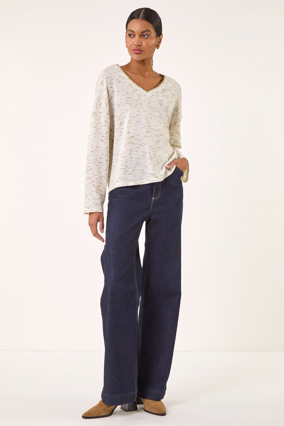 Roman Green Contrast Stitch V-Neck Top